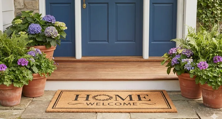 welcome home mat on front porch